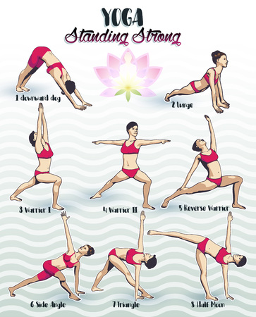 Creative illustration - poster. Yoga exercises. Complex of asanas for a shapely figure. 8 female figures with the names of postures.のイラスト素材