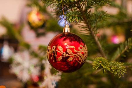 The girl decorates a fir-tree with house toysの写真素材