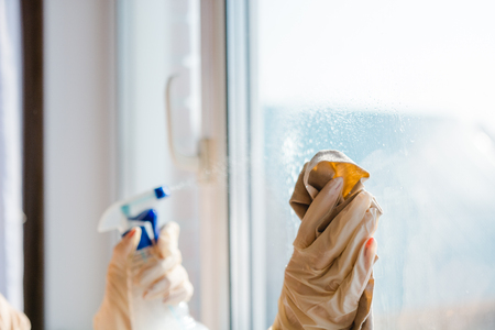 The woman washes a window. The young woman cleans dirt from a window. Pure windows in the house.の写真素材