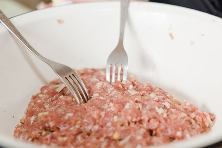 Mincemeat. Fresh meat is overwound on forcemeat.の写真素材