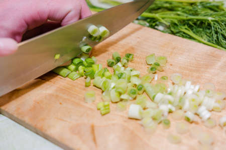 Greens for salad. Cut onions, fennel. Healthy food. Fresh greens on salad.の写真素材