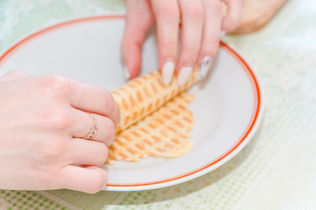 Dough for wafers. Production of dough for wafers. Ingredients for pastries.の写真素材