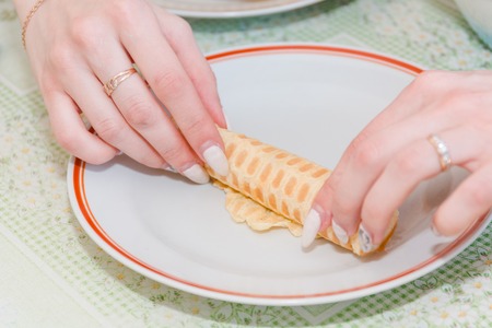 Dough for wafers. Production of dough for wafers. Ingredients for pastries.の写真素材