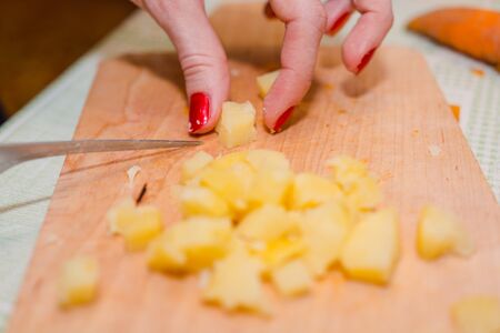 Cut potatoes on slices. Boiled potatoes. Cut potatoesの写真素材