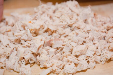 Boiled meat of chicken. Meat of a turkey. The chicken cut on pieces.の写真素材