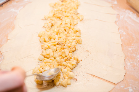 Girl with her hands makes an apple pie with a delicious juicy fillingの写真素材