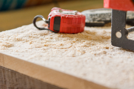 Joiner's tools. Measuring tool for the joiner. Wood processing. The joiner.の写真素材
