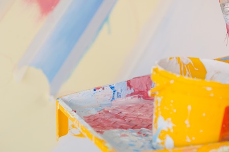 Paint with paint at home, make repairs with tools. Paint roller. Paint palette.の写真素材