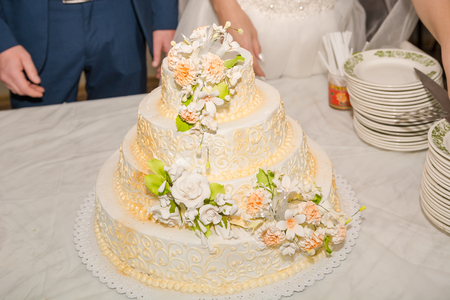 The wedding cake. Big cake. Beautiful cake for newlyweds. Cake for a couple in love.の写真素材