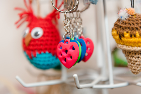 Knitted children's toys. Hand-made toys as a gift. Designer fun stuff. Homemade creativity. Hobbies and hobbiesの写真素材