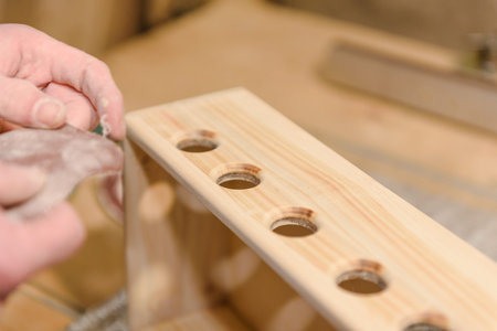 A man polishes a tree with an abrasive paper. Work in the carpentry workshop. Make the tree smooth....