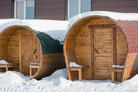 Round bathhouse. Steam manufacture. Bath in Russia. Sauna ready for sale. Bathhouseの写真素材