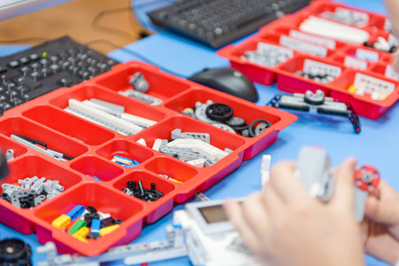 constructor for children. children are standing robots. children's entertainment. educational toys for children. constructorの写真素材