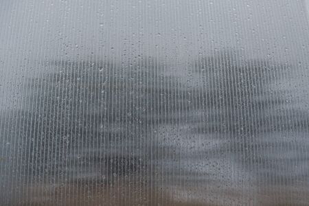 Drops on the greenhouse. Polycarbonate close-up. Drops close up. Background. Water. Evaporation in the greenhouse. Agriculture. Grow vegetables in a greenhouseの写真素材