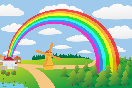 Rural landscape with a rainbow.のイラスト素材