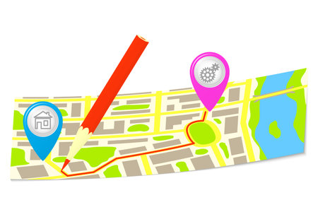 The route and pencil on the map of the city. のイラスト素材