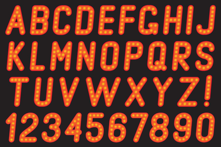 Set of letters and numbers of the lamps on a black background.のイラスト素材