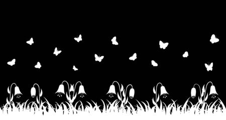 Butterflies fly over the grass and flowers. Seamless vector illustration.のイラスト素材
