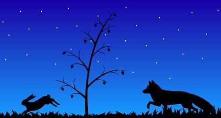 Silhouette of fox and hare in the grass.のイラスト素材