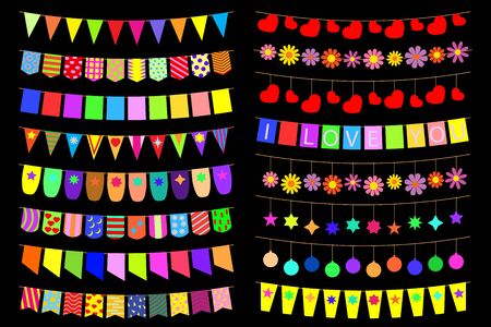 Set of festive decorations on the ropes. Vector illustration.のイラスト素材