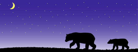 Silhouette of a she-bear and a bear cub in the grass.のイラスト素材