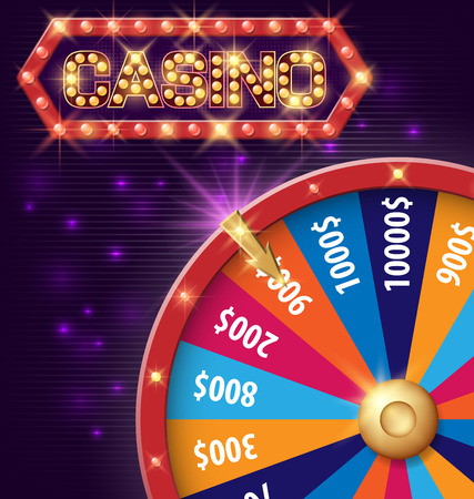 Spinning fortune wheel, Internet casino banner with glowing lamps for online casino, poker, roulette, slot machines, card games. Vector illustration, shiny backgroundのイラスト素材