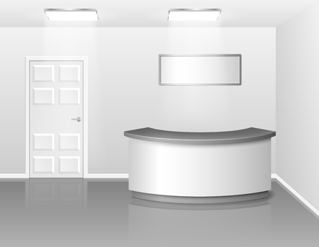 Office or hotel interior with reception or exhibition counter desk. 3d realistic vector illustration. Empty business interior hall with counterのイラスト素材
