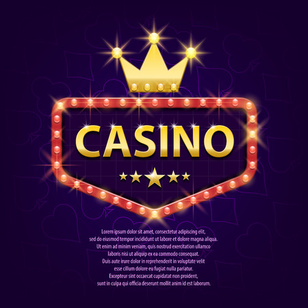 Casino retro light sign with gold crown for game, poster, flyer, billboard, web sites, gambling club. Banner billboard casino glowing background. Vector illustrationのイラスト素材