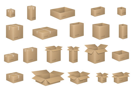 Big Set of isometric cardboard boxes isolated on white. Carton box Organized by layers. Vector illustration of packaging. Delivery packaging open and closed cardboard with fragile signs.のイラスト素材