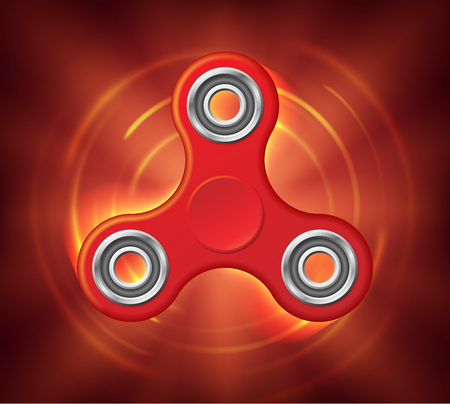Realistic rotating red spinner stylized in a fire. Fidget spinner toy burns in space. Vector illustrationのイラスト素材