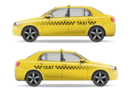 Realistic yellow Taxi car. Car mockup isolated on white. Taxi vector illustrationのイラスト素材