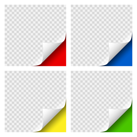 Realistic Curly Page Colored Corners set with transparent shadow for your design. Graphic element for documents, templates, posters, flyers. Vector illustrationのイラスト素材