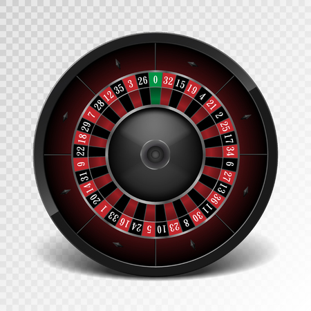 Realistic black casino roulette wheel isolated on transparent background. American gambling roulette wheel. Vector illustration.のイラスト素材