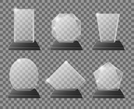 Set of empty glass trophy awards. Realistic vector illustration. Glossy transparent trophy for award illustrationのイラスト素材