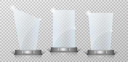 Empty Crystal glass trophy awards set. Glossy transparent trophy for award on transparent background. Vecror illustrationのイラスト素材