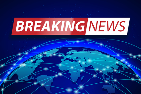 Breaking news live on blue world map background. Business technology concept Banner design. TV news Vector illustrationのイラスト素材