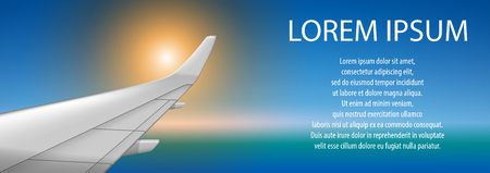 Banner of a plane wing on sunset. Brochure in tourism theme. Travel agency advertisement airplane poster design. Vector illustrationのイラスト素材