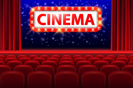 Realistic cinema hall interior with red seats. Retro style cinema sign with spot light frame. Movie premiere poster design.のイラスト素材