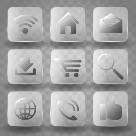 Square application transparent glass buttons or app icon banners with gloss reflection effect. Icons for Business and SEO. EPS 10のイラスト素材