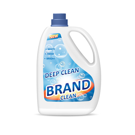 Product package design for bathroom. Colored detergent bottle container with washing gel or laundry detergent. 3d realistic vector illustrationのイラスト素材