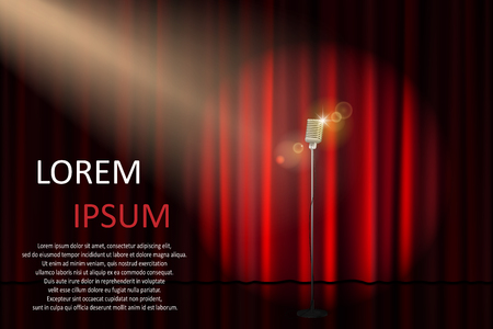 Theater stage with concert microphone and spotlight. Poster for concert, party, theater, circus or cinema background. vector illustrationのイラスト素材