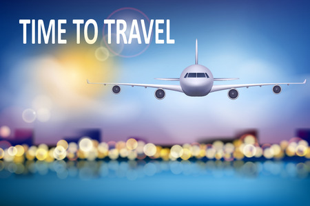 Summer travel illustration with airplane on blue sunny background with soft bokeh and clouds.のイラスト素材