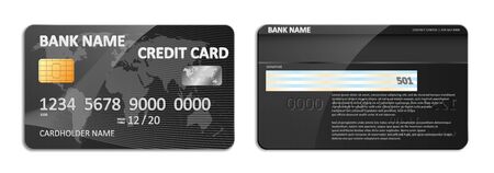 Realistic detailed black bank credit card with world map abstract design isolated. Credit plastic card with bank personal cardholder name. Vector illustrationのイラスト素材