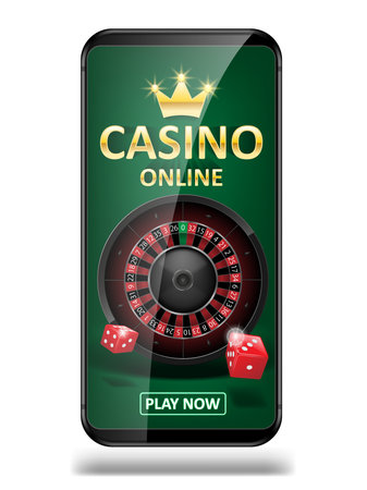 Online Internet casino marketing banner. phone app with dice, poker and roulette wheel. Playing Web poker and gambling casino games. Vector illustrationのイラスト素材
