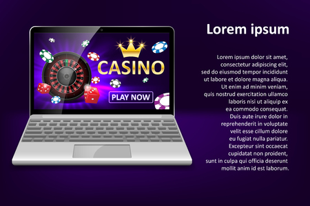 Internet casino marketing template with laptop, dice, poker, roulette wheel and casino chips. Web poker and gambling game banner. Vector illustrationのイラスト素材