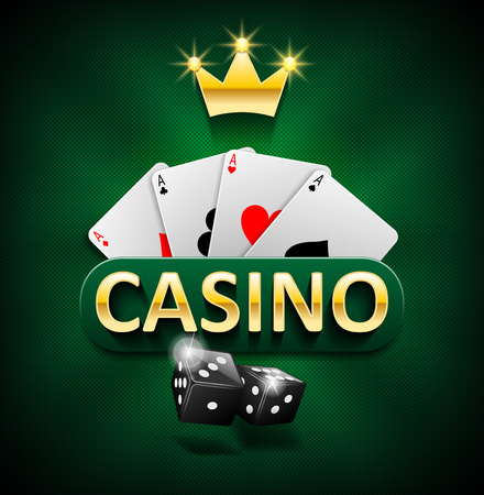 Casino marketing banner with dice and poker cards on green background. Playing jackpot and gambling casino games design. Vector illustrationのイラスト素材