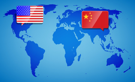 USA and China at the blue World Map background. Trade war with America and China. International business global exchange concept. Vectorのイラスト素材