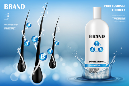 Cosmetic ads template. White plastic tube with hair shampoo and water splash. Shampoo Product brand mockup design. Vector illustration.のイラスト素材