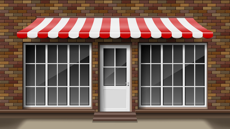 Brick small 3d store front facade Template with awning. Exterior empty shop or boutique with big window. Blank mockup of stylish realistic street shop. Vector illustrationのイラスト素材