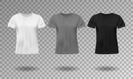 Black, white and gray realistic male t-shirt with short sleeves. Blank t-shirt template isolated. Cotton man shirt design. Vector illustrationのイラスト素材